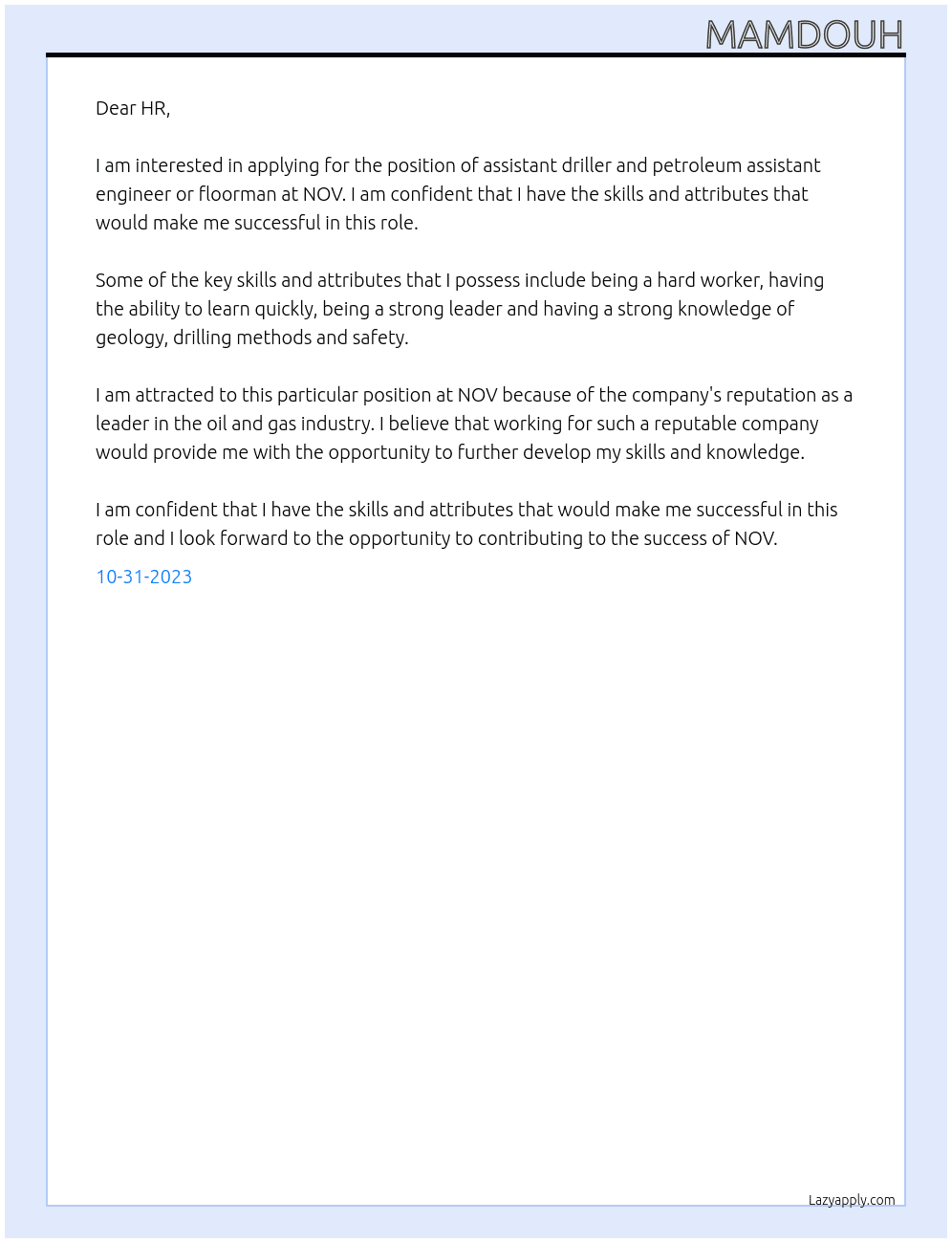 assistant driller and petroleum assistant engineer or floorman At NOV Cover Letter