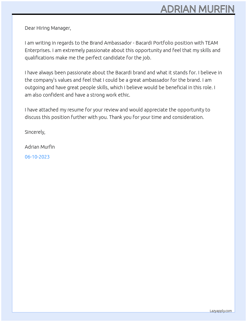 Brand Ambassador - Bacardi Portfolio At TEAM Enterprises Cover Letter