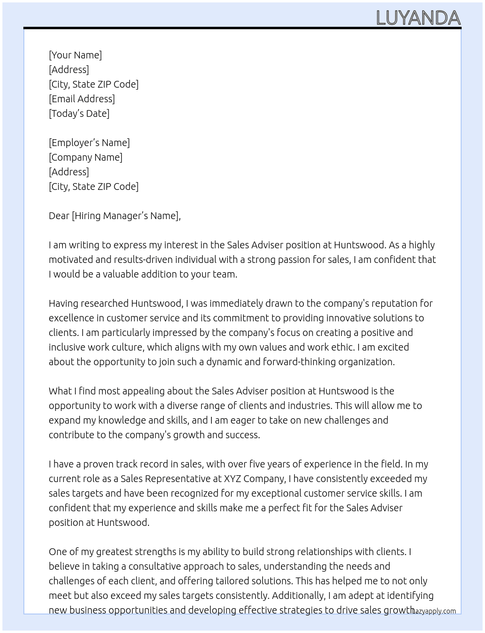 Sales adviser At Huntswood Cover Letter