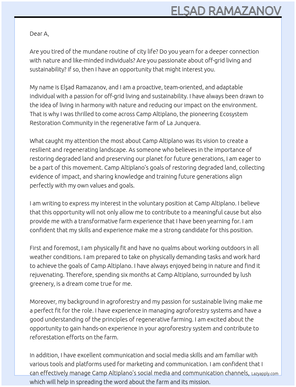 voluntary  At Camp Altiplano  Cover Letter