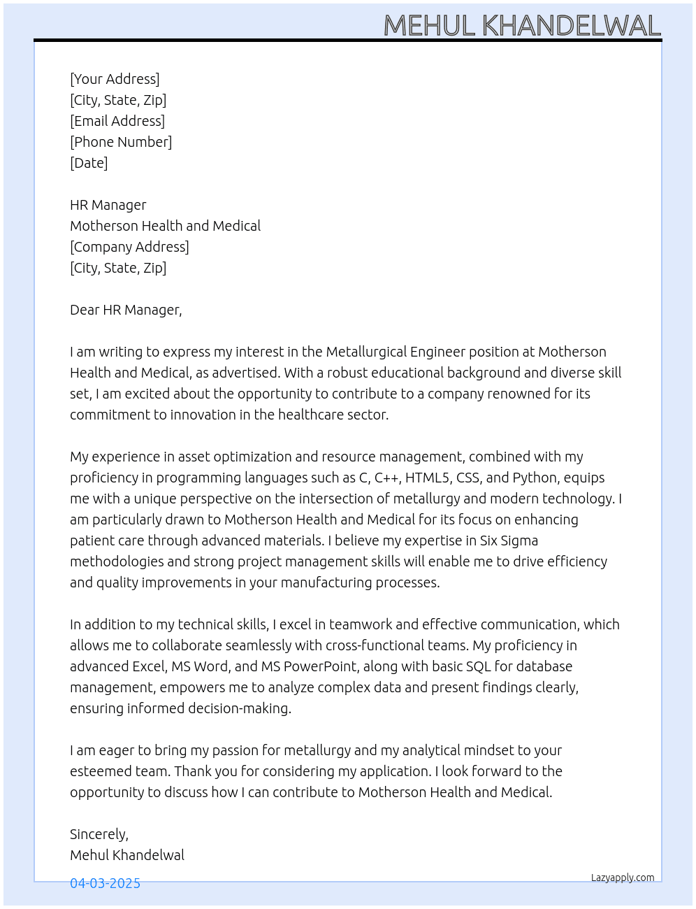 Metallurgical engineer  At motherson helath and medical Cover Letter