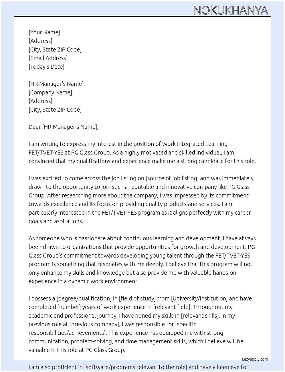 Work Integrated Learning FET/TVET-YES  At PG Glass Group Cover Letter