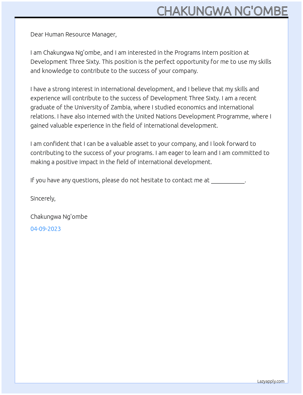 Programs Intern At Development Three Sixty Cover Letter