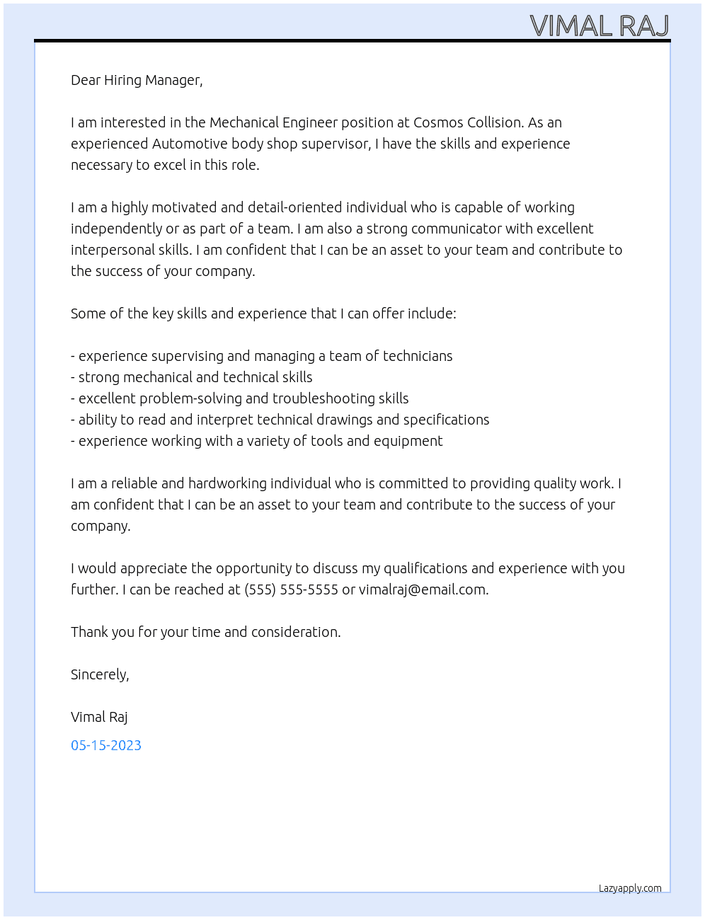 Mechanical Engineer At Cosmos Collision Cover Letter