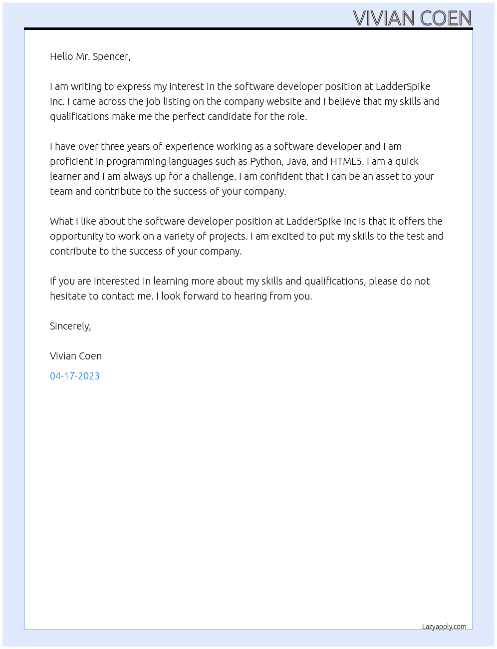software developer At LadderSpike Inc Cover Letter
