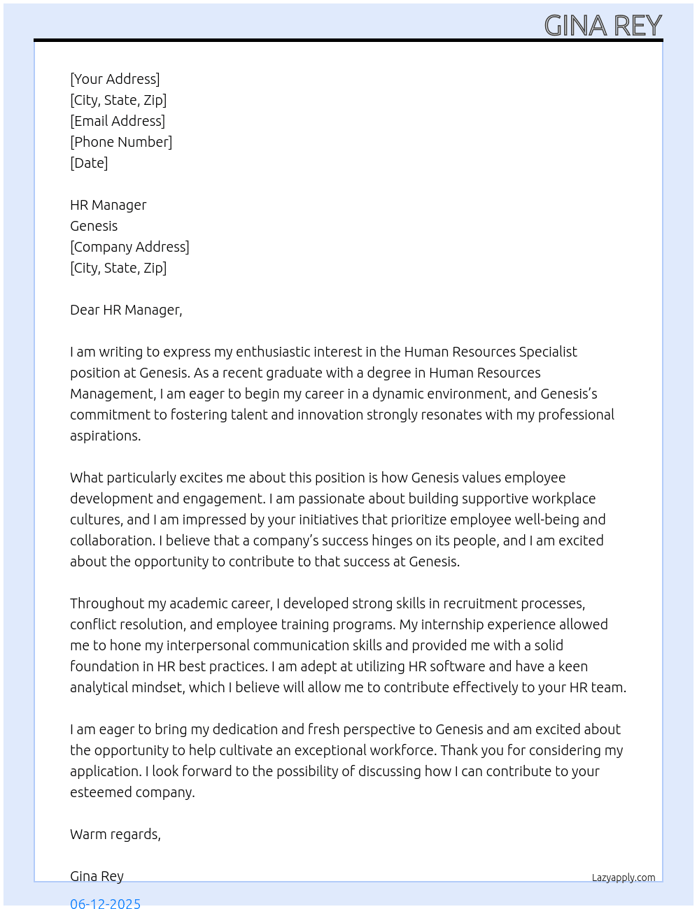 Human Resources Specialist At Genesis Cover Letter