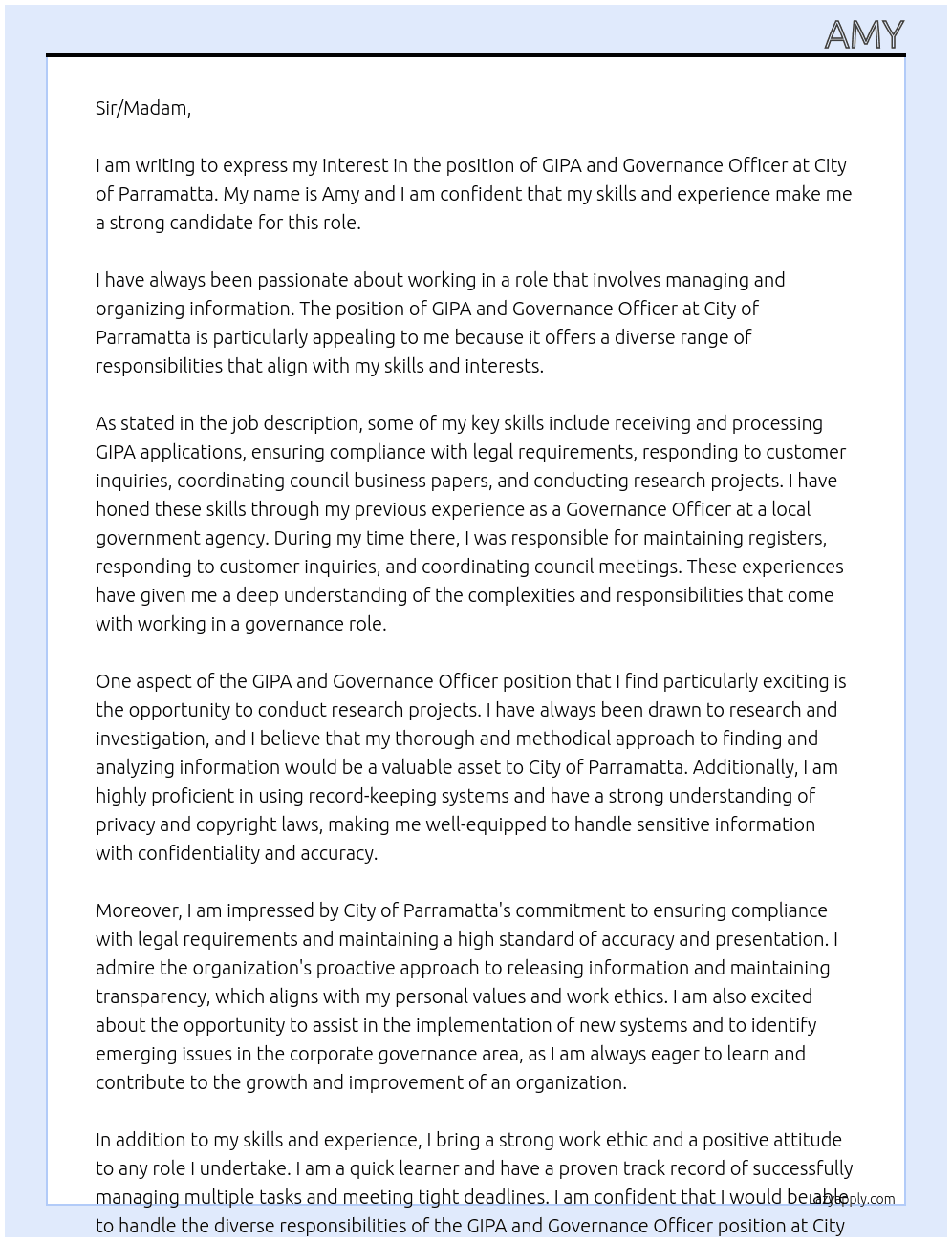 GIPA and Governance Officer At City of Parramatta Cover Letter