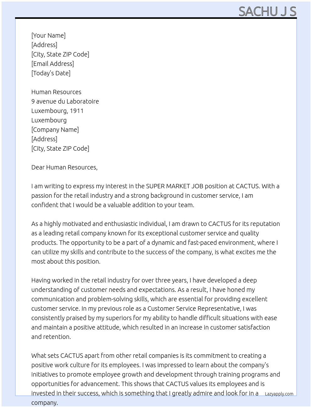 SUPER MARKET JOB At CACTUS Cover Letter