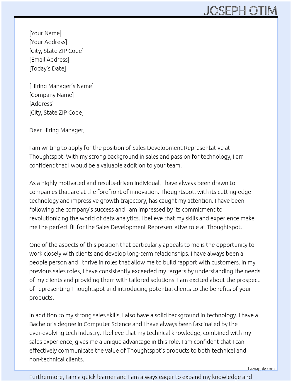 Sales development representative At Thoughtspot Cover Letter