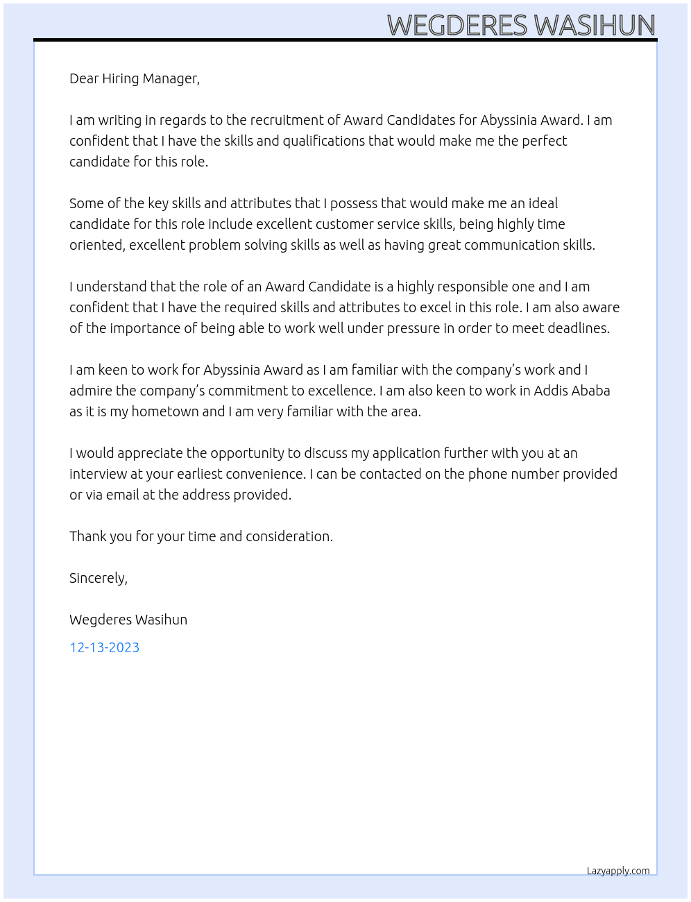 Recruitment of Award Candidates At Abyssinia Award Cover Letter