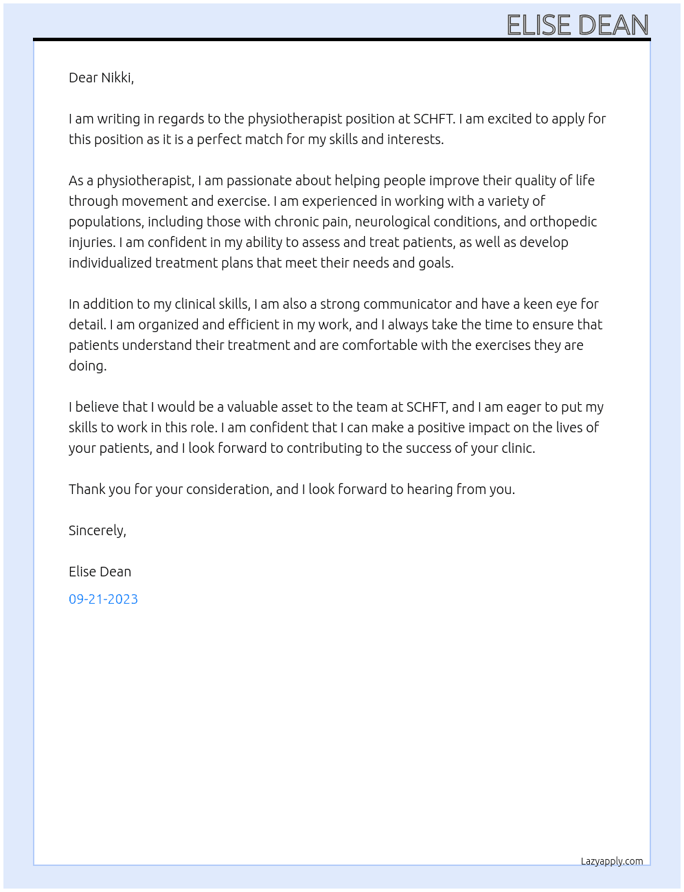 Physiotherapist  At SCHFT Cover Letter