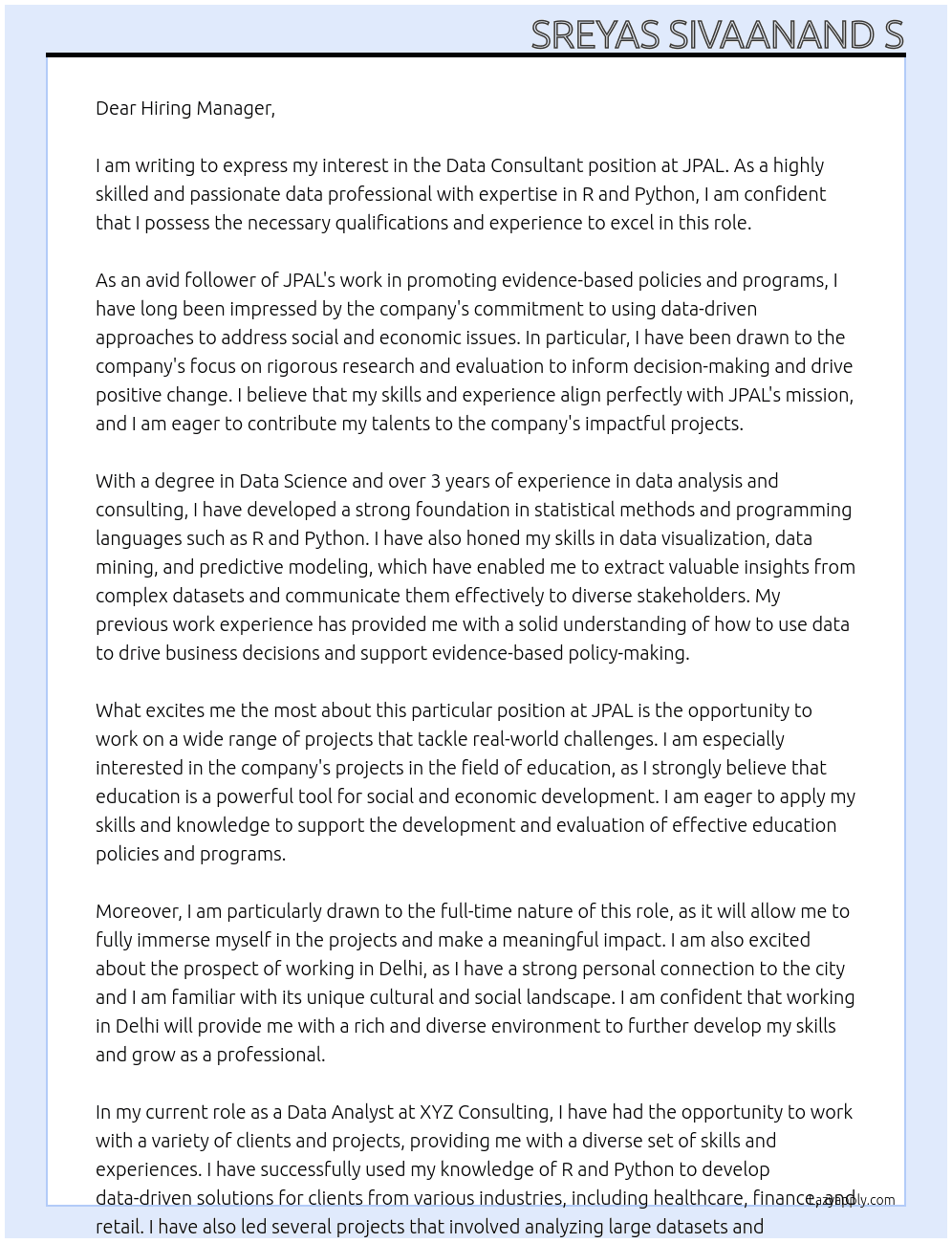 Data Consultant  At JPAL  Cover Letter