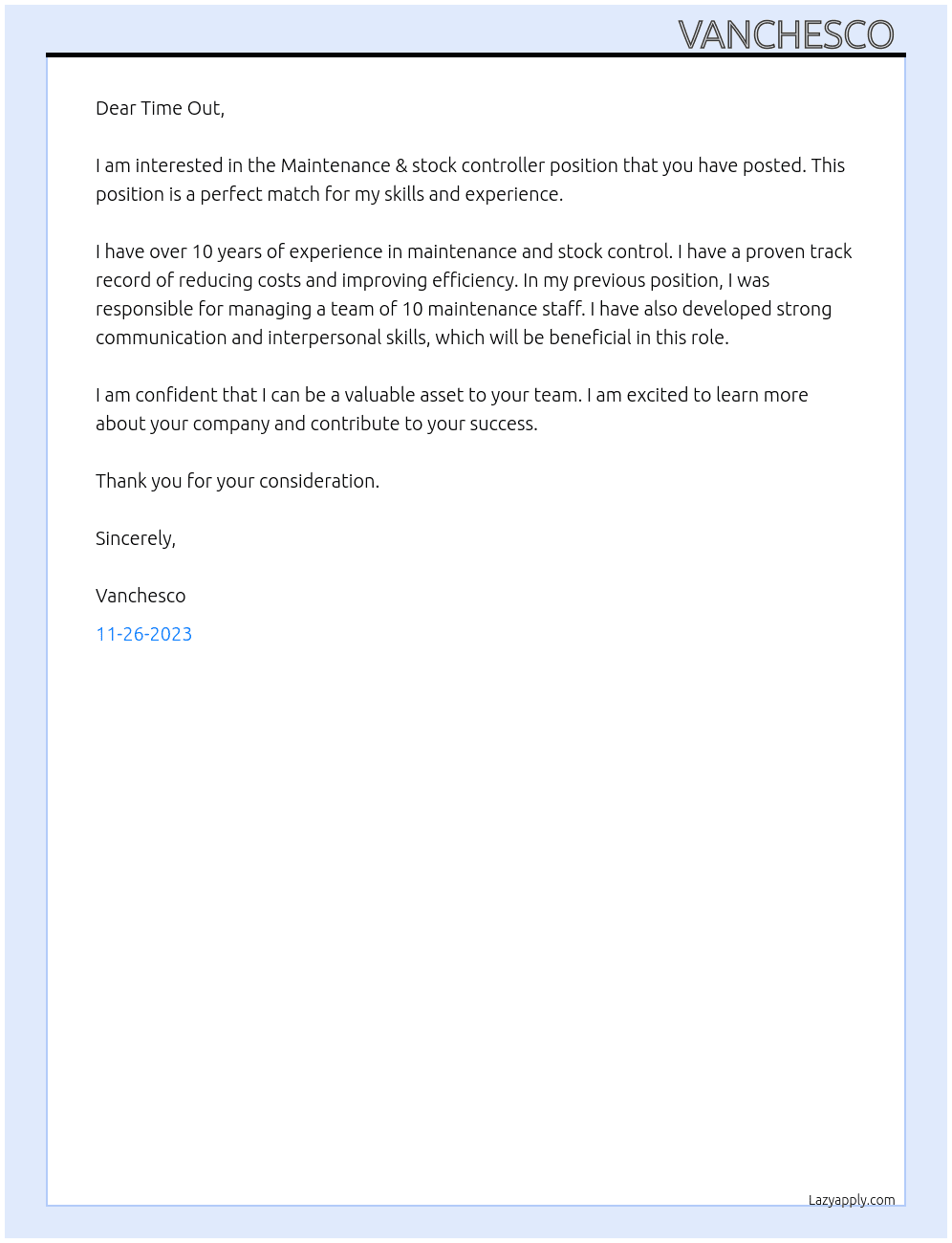 Maintenance & stock controller At Time out Cover Letter