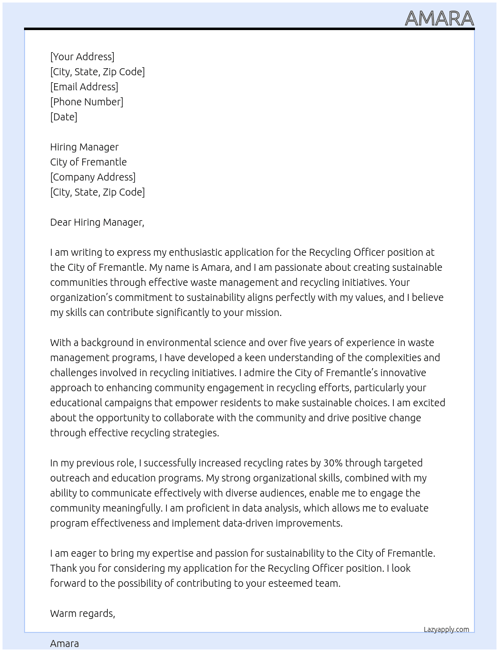Recycling Officer At City of Fremantle Cover Letter