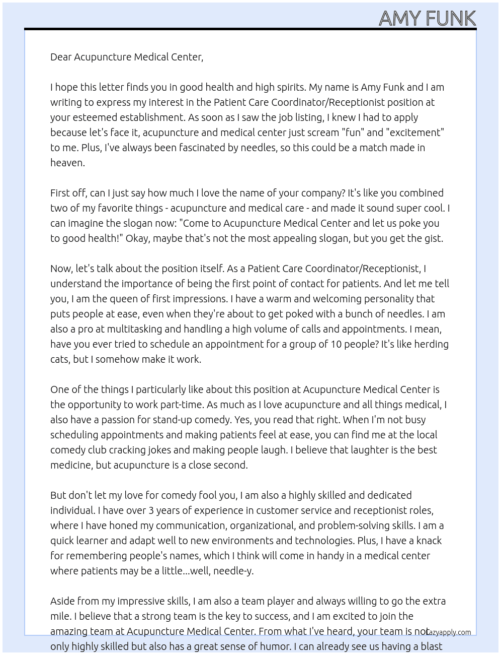 Patient Care Coordinator/Receptionist At Acupuncture Medical Center Cover Letter