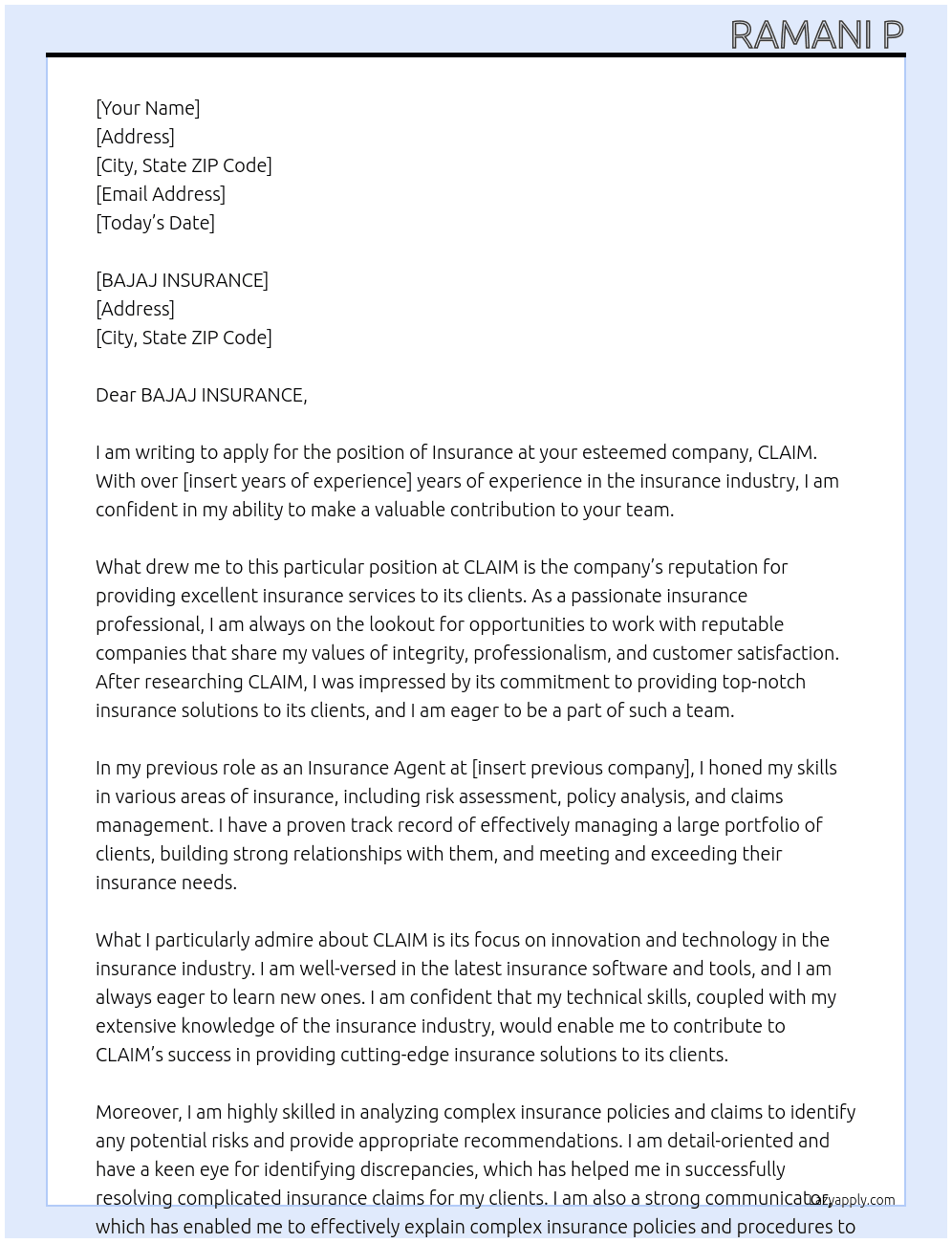 INSURANCE At CLAIM Cover Letter