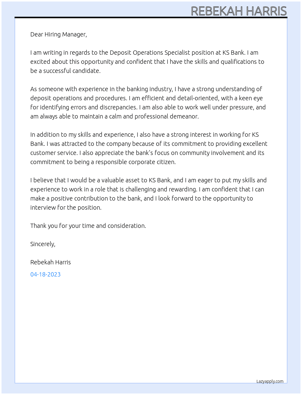 Deposit Operations Specialist At KS Bank Cover Letter