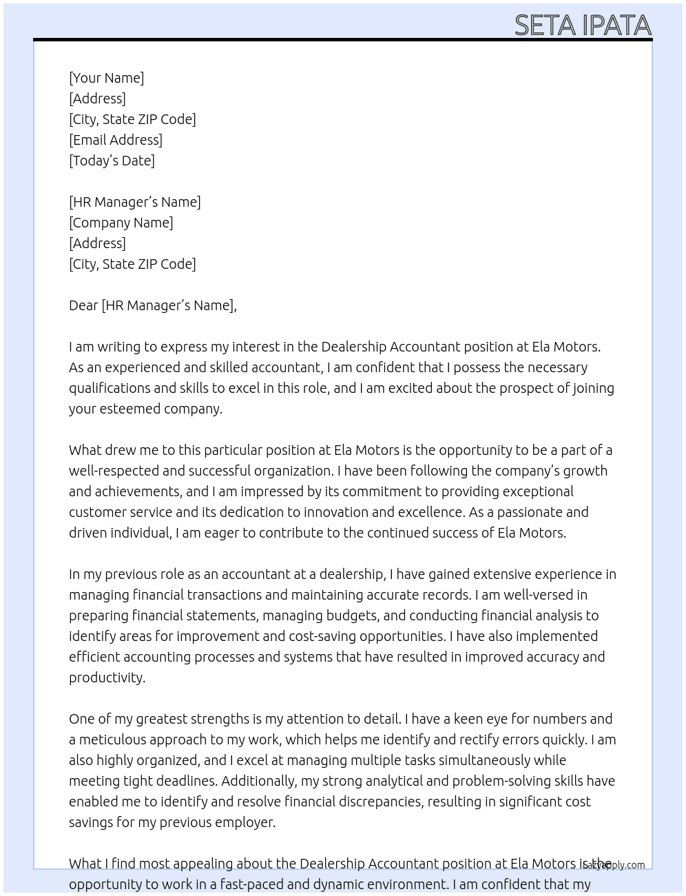Dealership Accountant At Ela Motors Cover Letter