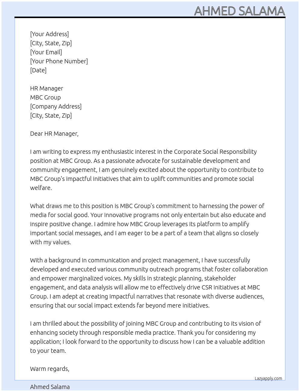 Corporate social responsibility  At MBC Group  Cover Letter