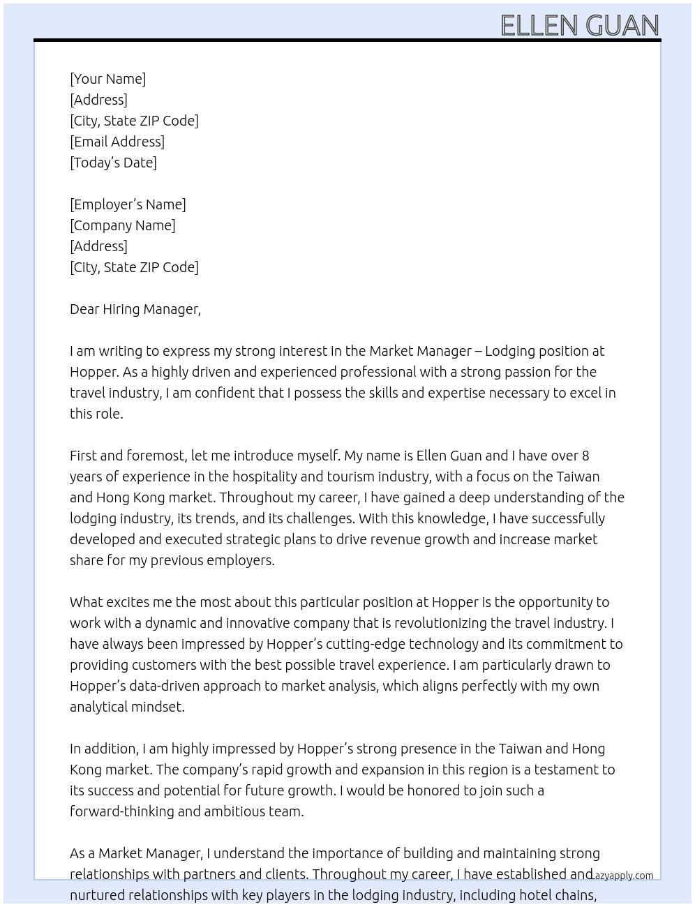 Market Manager - Lodging, Taiwan / Hong Kong At Hopper Cover Letter