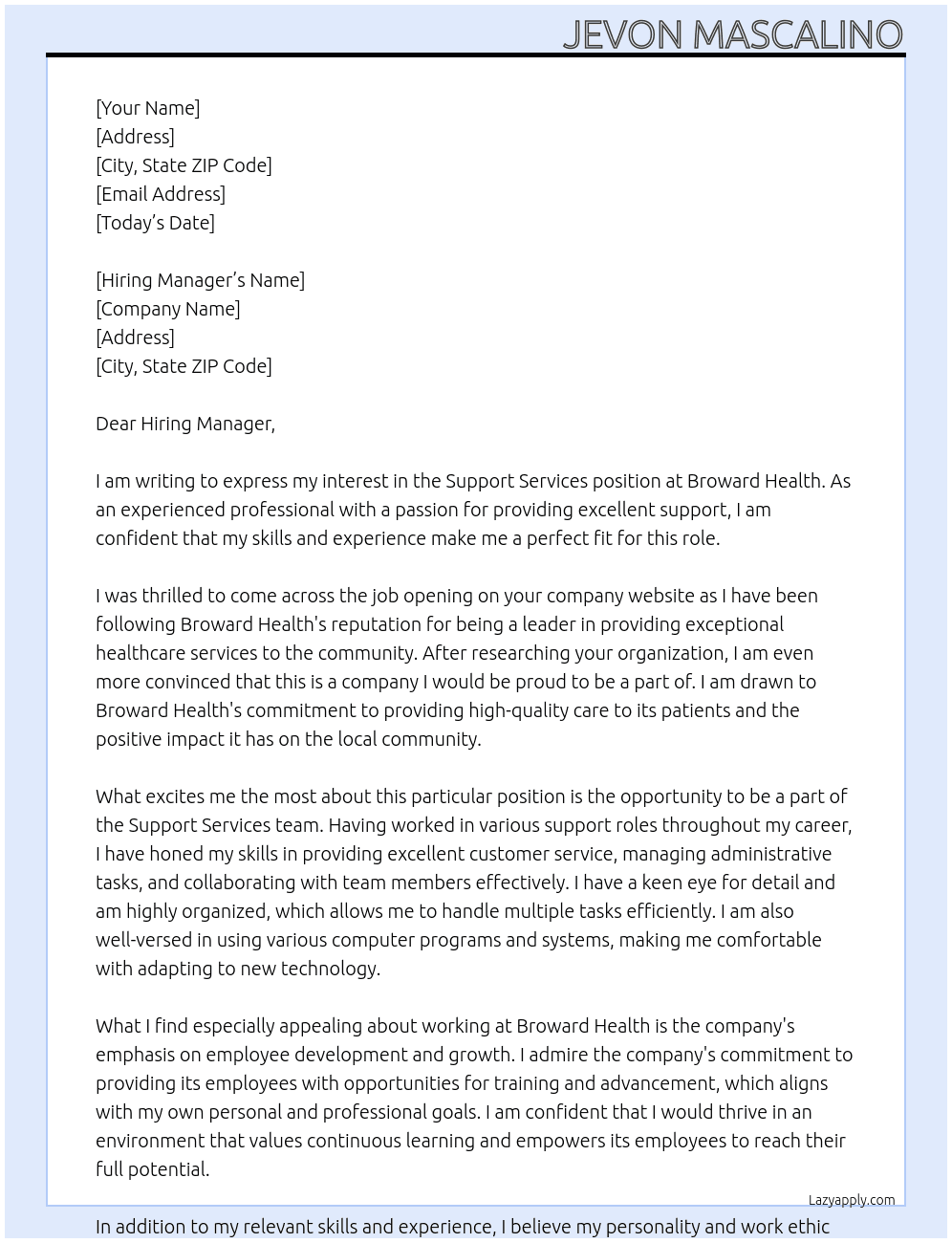 Support Services At Broward Health Cover Letter
