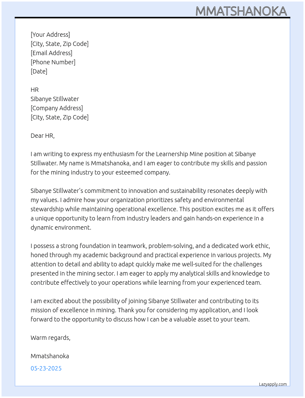 Learnership mine At Sibanye stillwater  Cover Letter