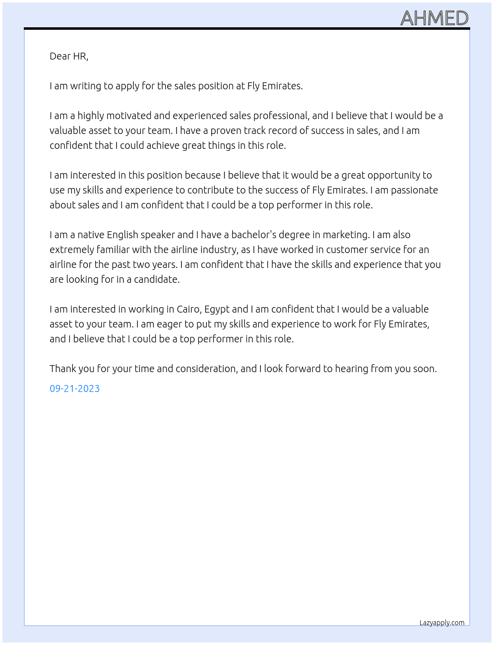 sales At Fly Emirates Cover Letter