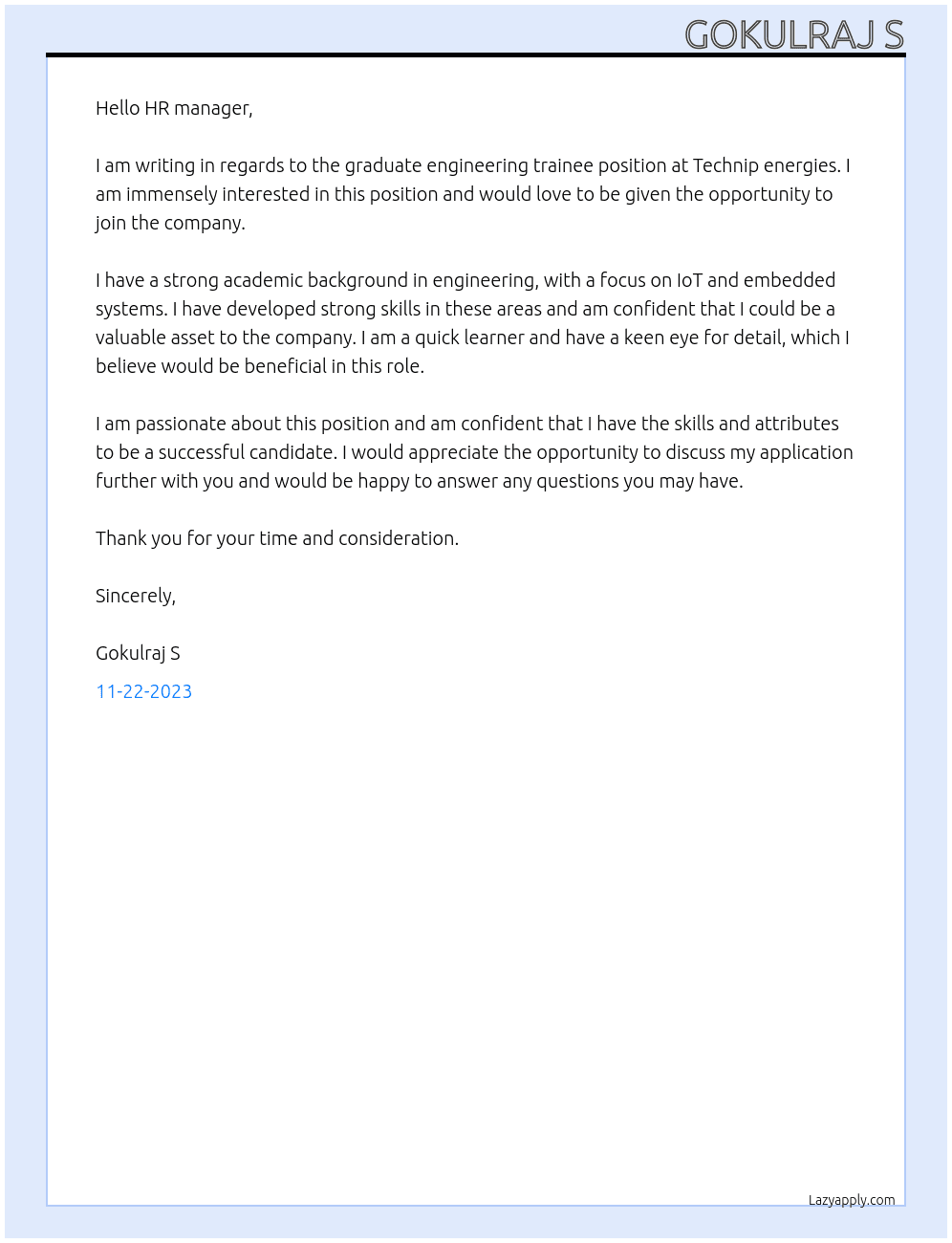 Graduate engineering trainee At Technip energies Cover Letter