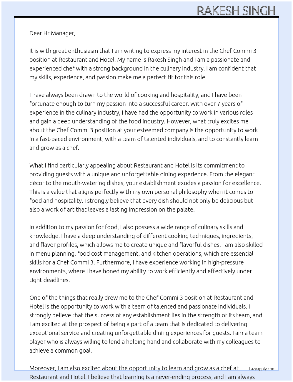 Chef commi 3  At Restaurant ànd hotel  Cover Letter