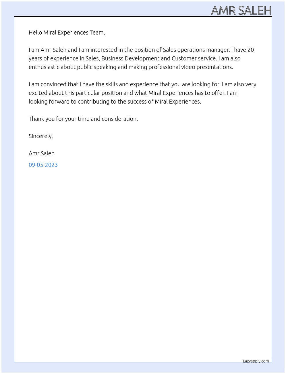 Sales operations manager At Miral Experiences Cover Letter