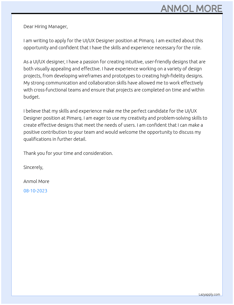 ui/ux designer At Pimarq Cover Letter