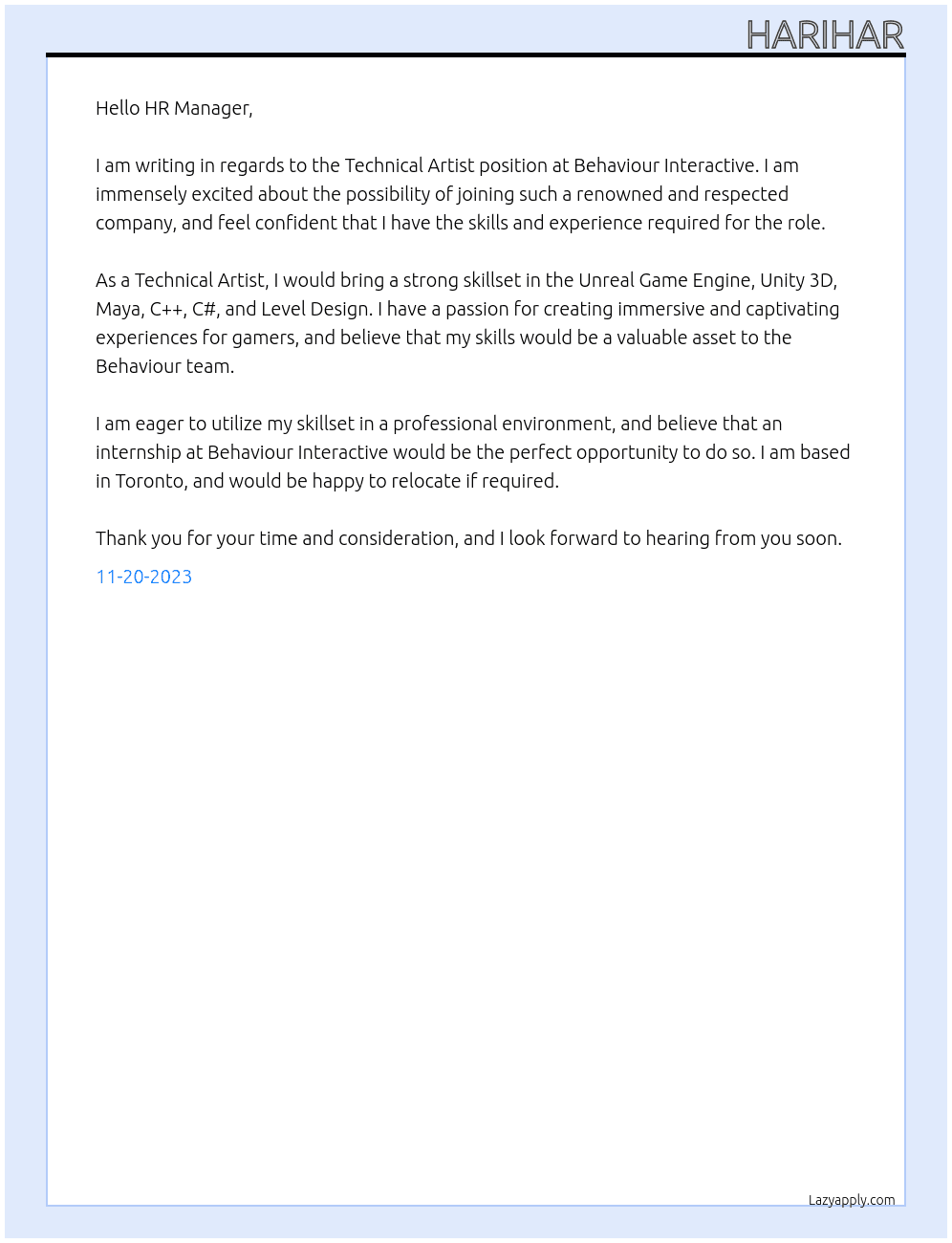 Technical Artist At Behaviour Interactive Cover Letter