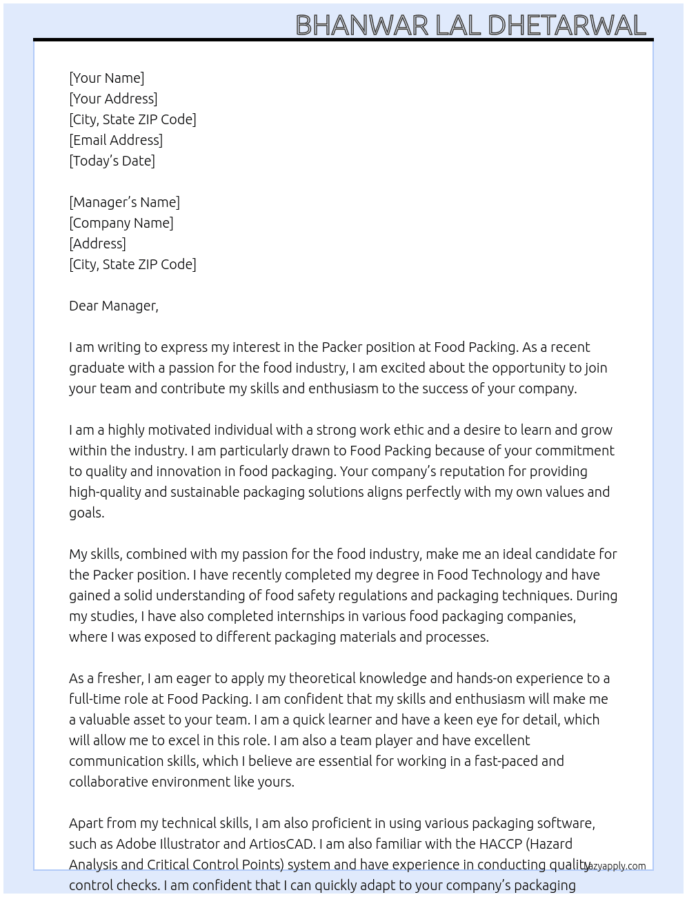 Packer  At Food packing  Cover Letter