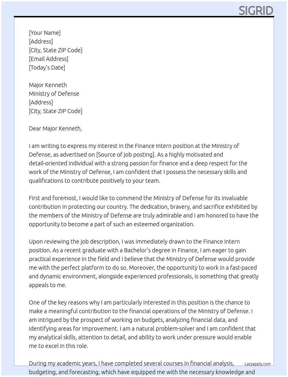 Finance intern At Ministry of defense Cover Letter