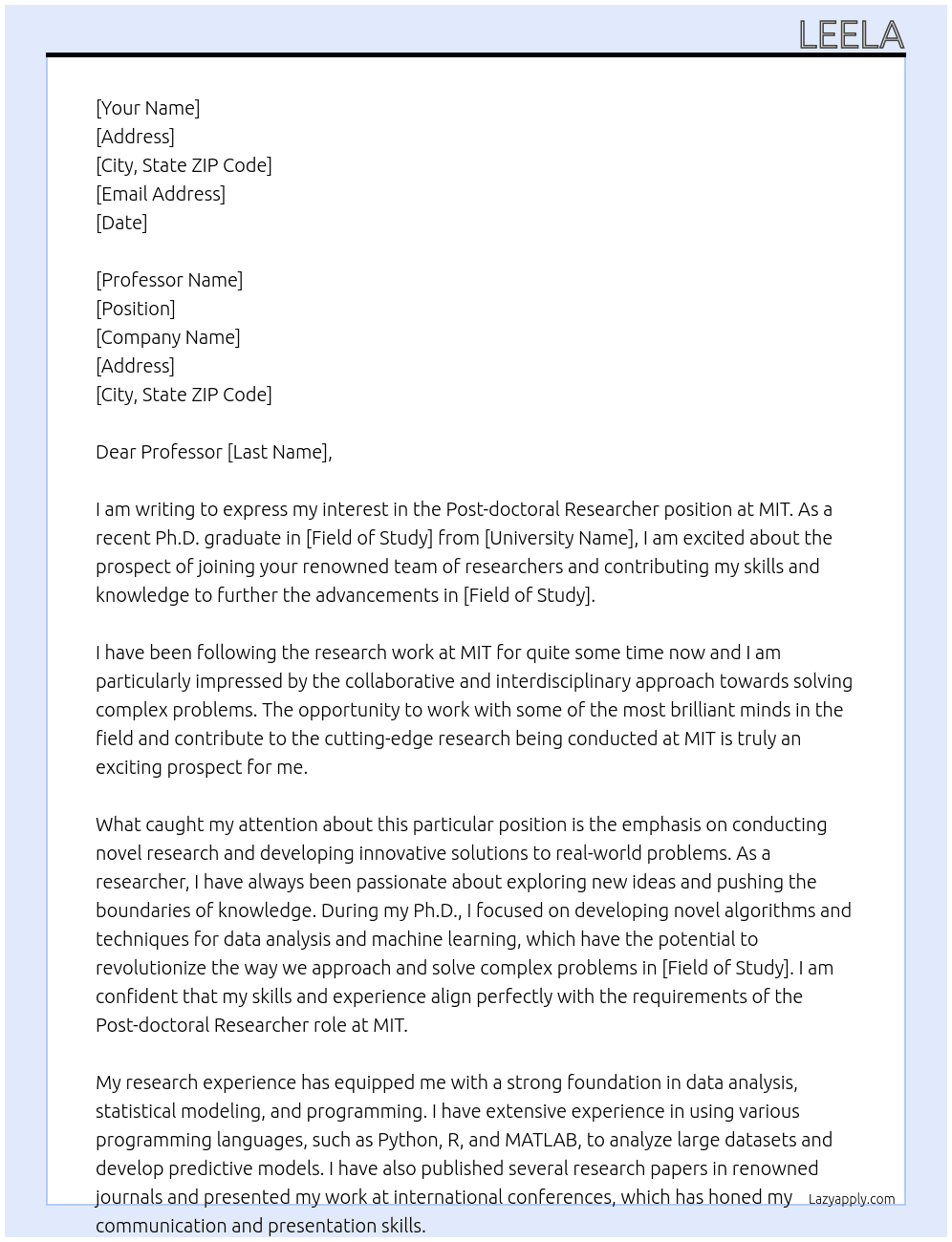 Post-doctoral researcher At MIT Cover Letter