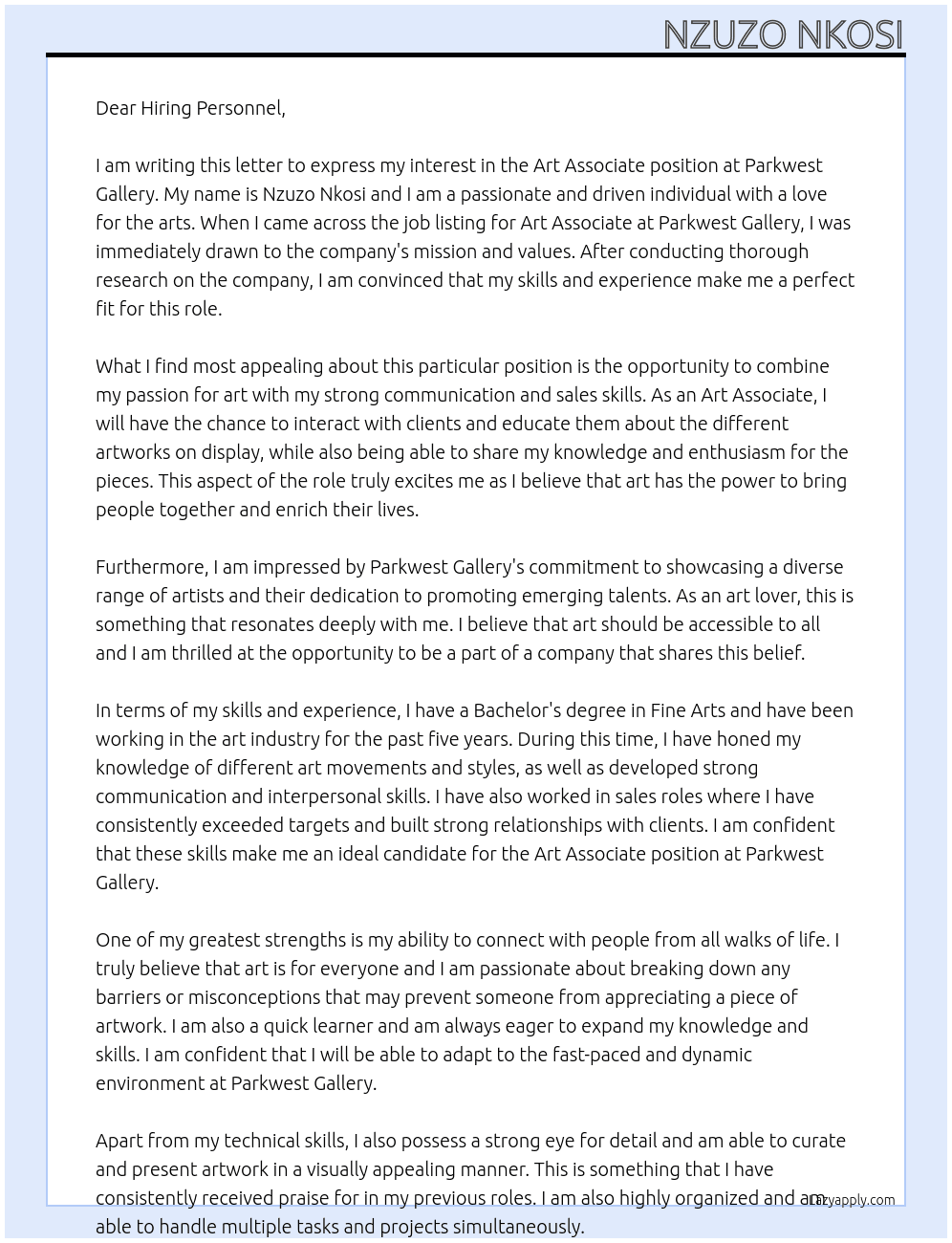 Art Associate  At Parkwest Gallery  Cover Letter