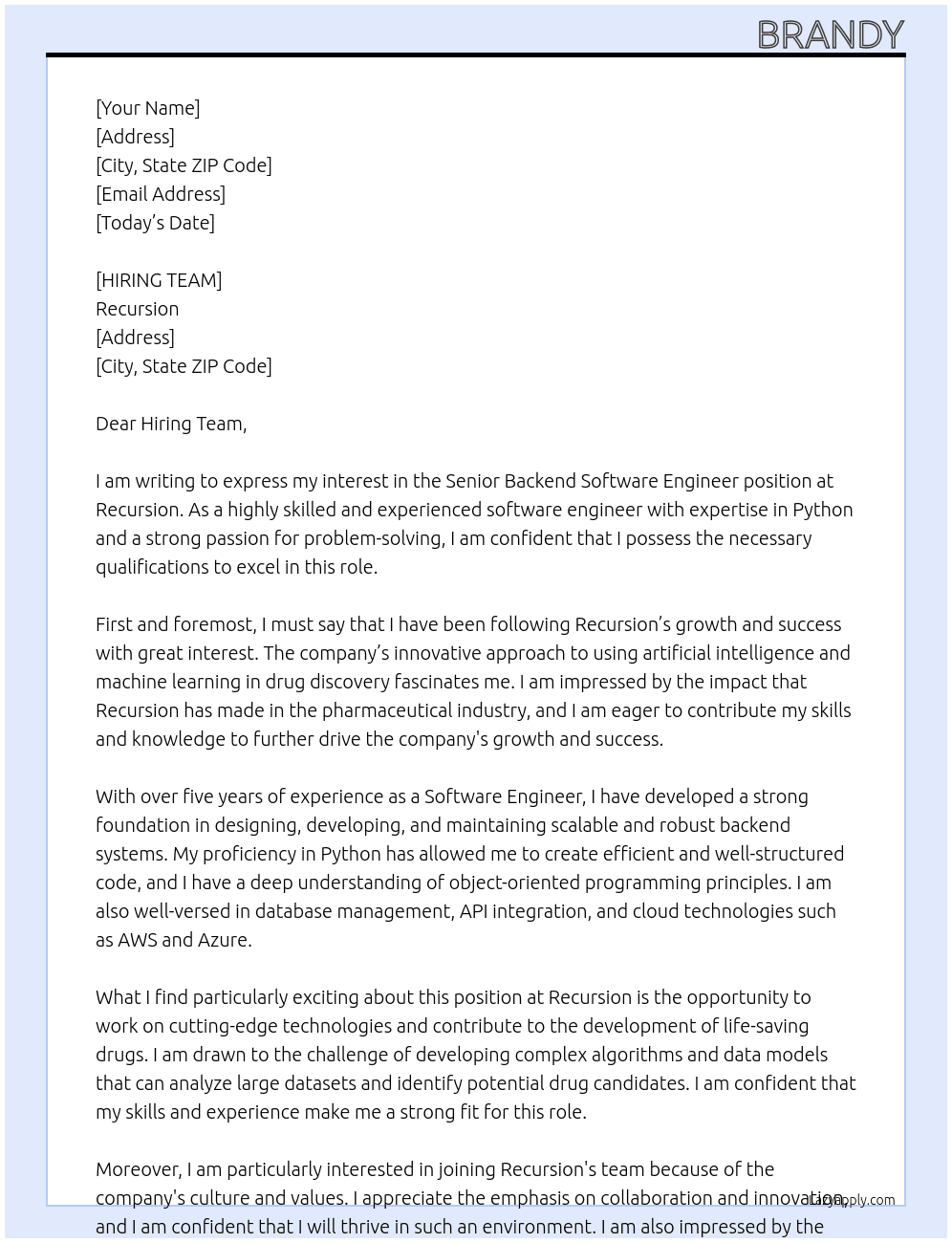 Senior Backend Software Engineer At Recursion Cover Letter