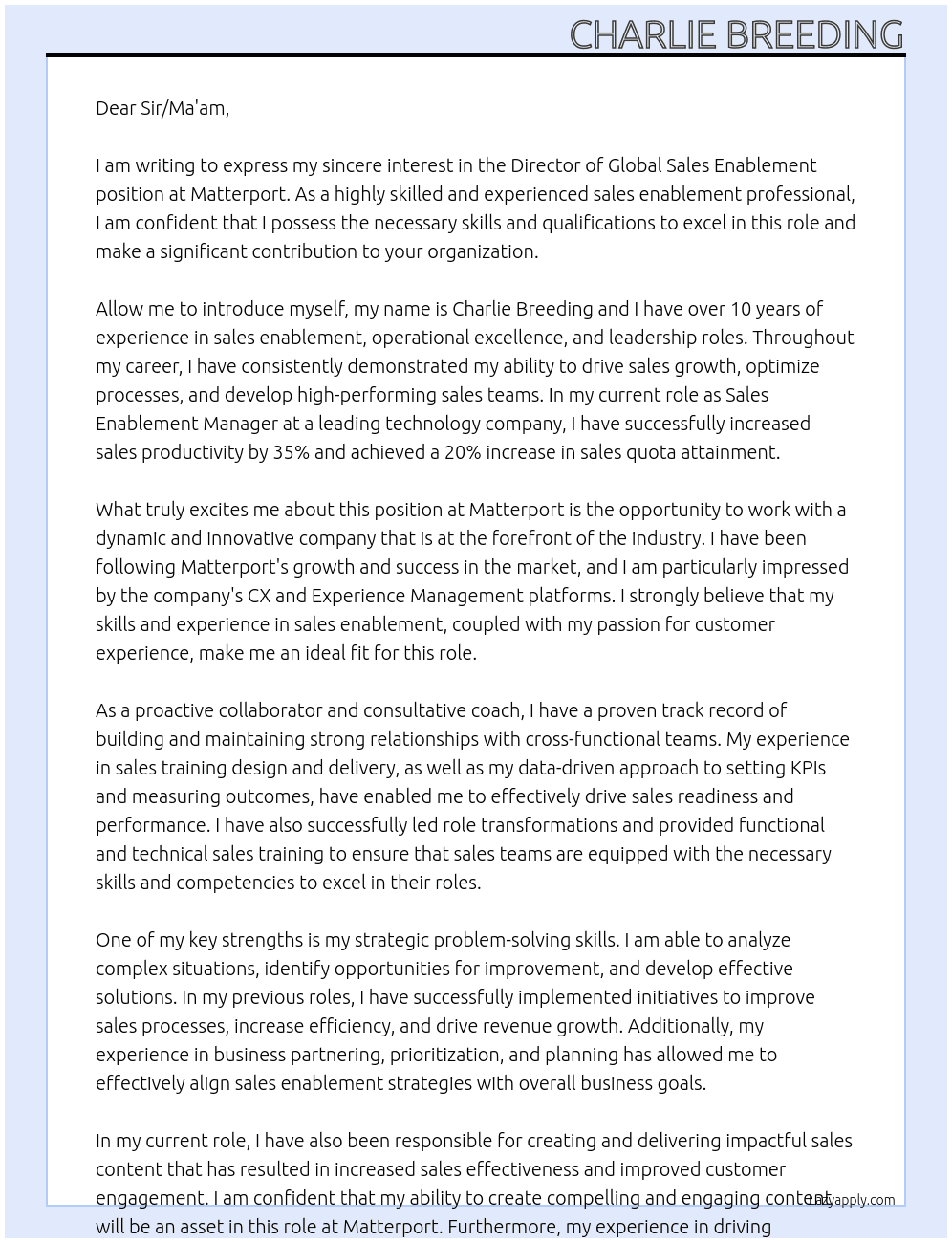 Director of Global Sales Enablement At Matterport Cover Letter