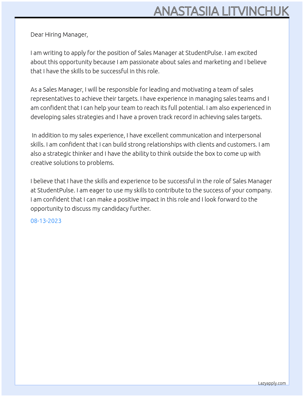 Sales Manager At StudentPulse Cover Letter