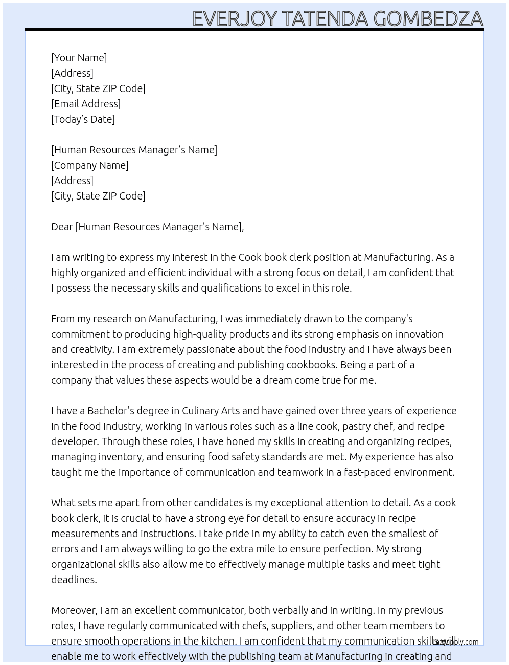 Cook book clerk At Manufacturing  Cover Letter