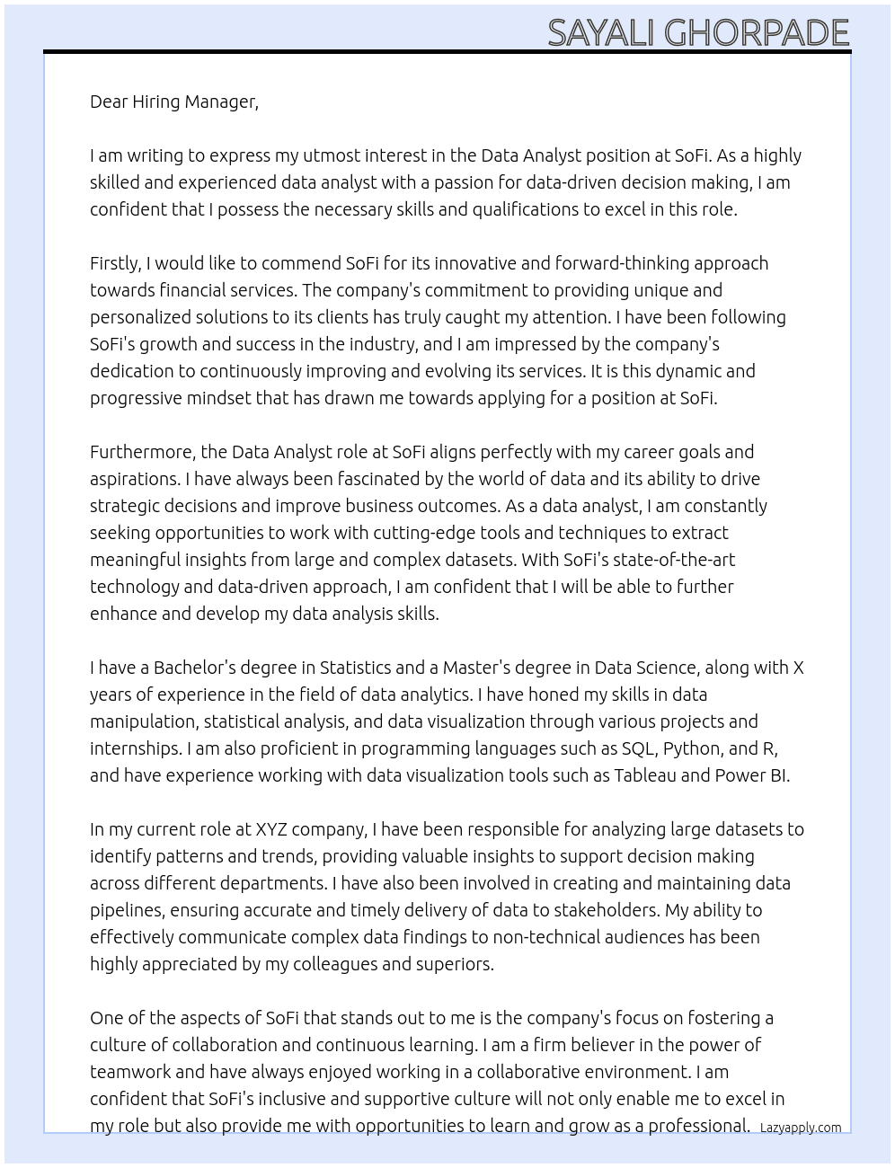 Data Analyst At SoFi Cover Letter