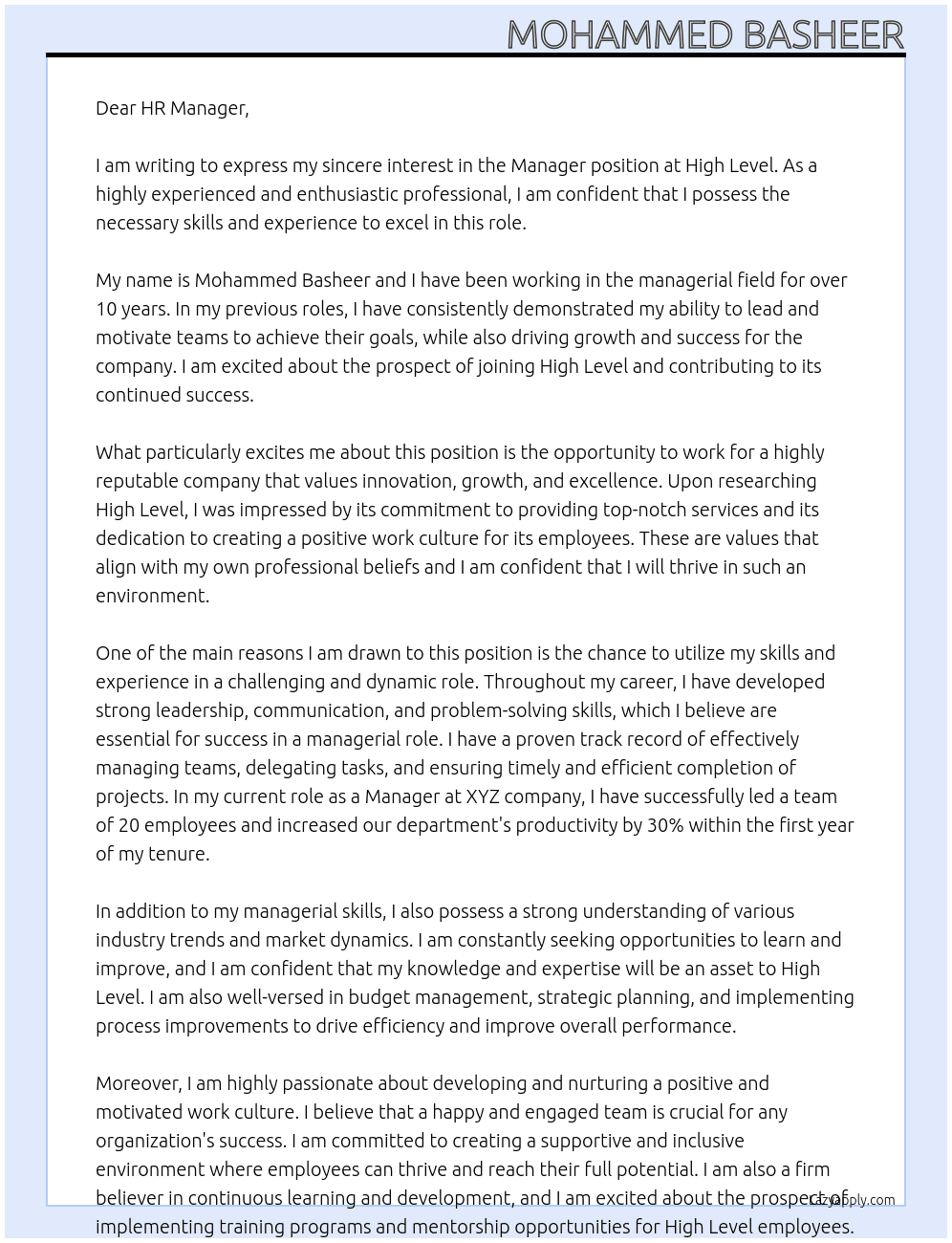 Manager At High level Cover Letter