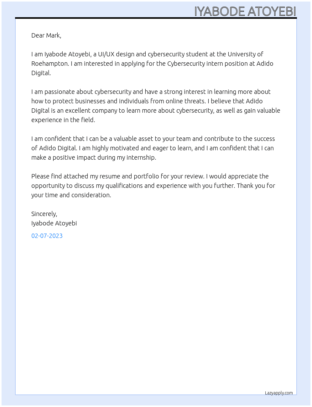 Cybersecurity intern At https://www.adido-digital.co.uk/ Cover Letter