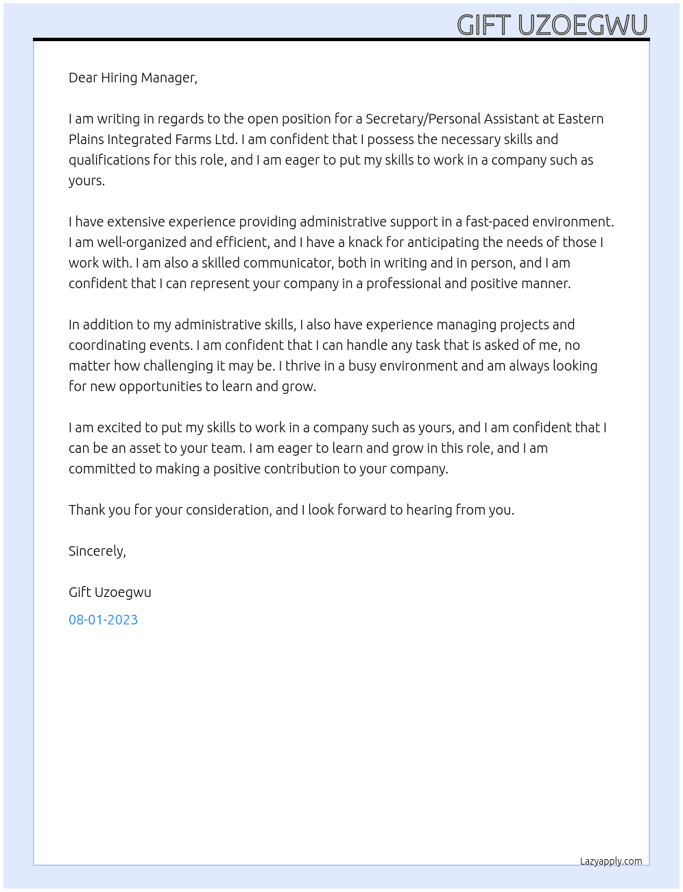 Secretary/Personal Assistant  At Eastern Plains Integrated Farms Ltd Cover Letter