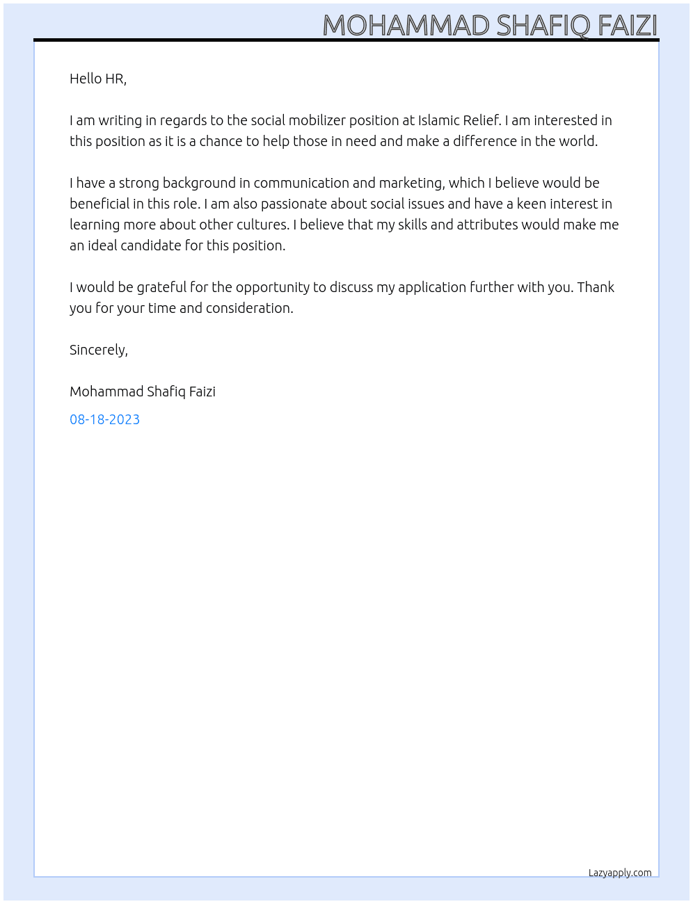 social mobilizer At Islamic relife  Cover Letter