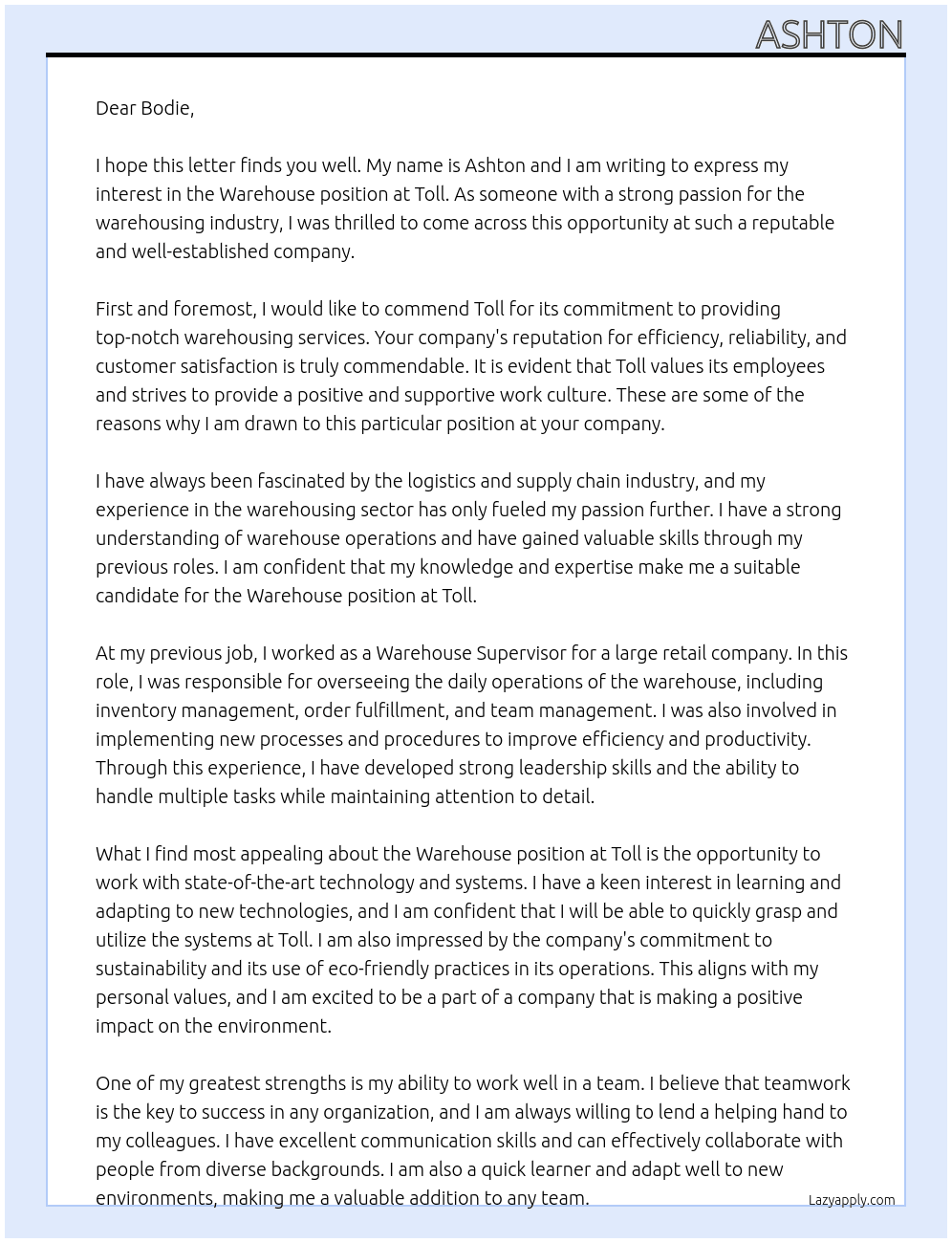 Warehouse At Toll Cover Letter