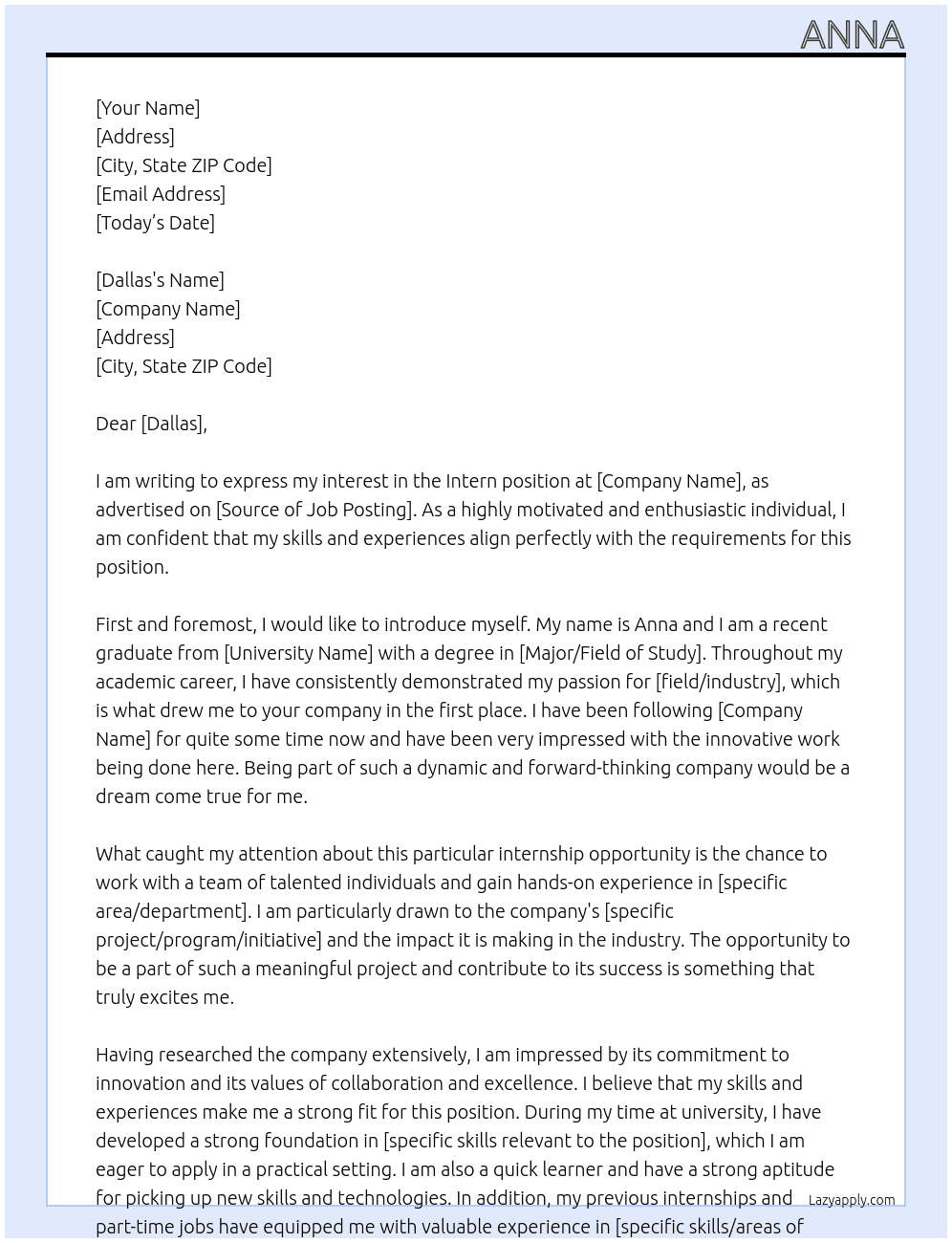 Intern  At intern Cover Letter