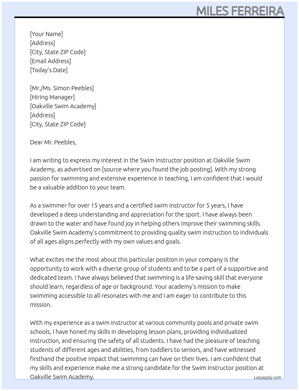 Swim Instructor At Oakville Swim Academy Cover Letter