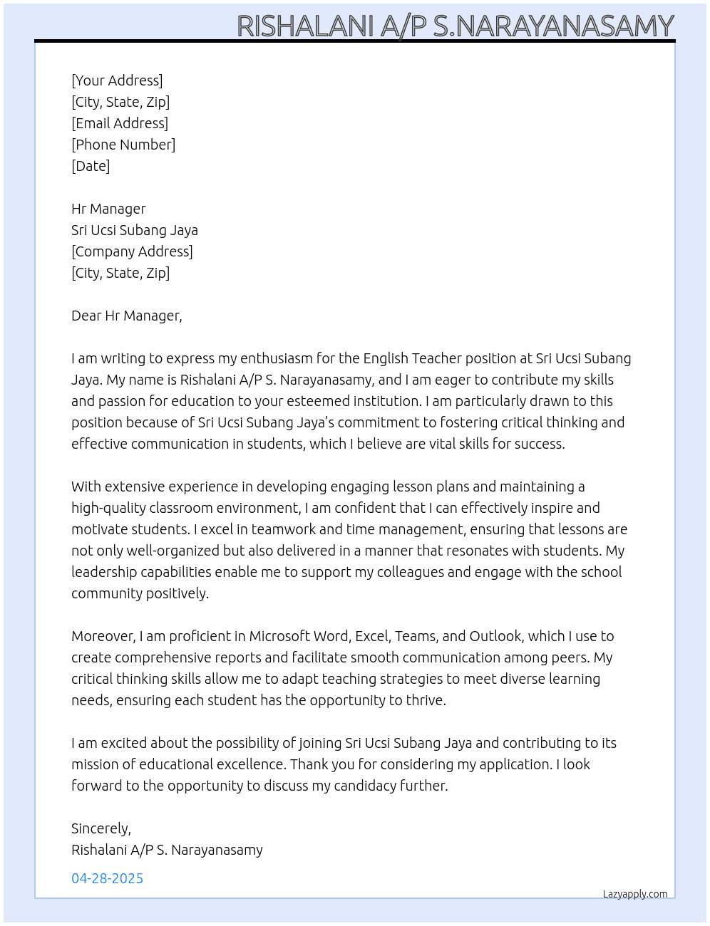 English teacher  At Sri Ucsi Subang Jaya  Cover Letter
