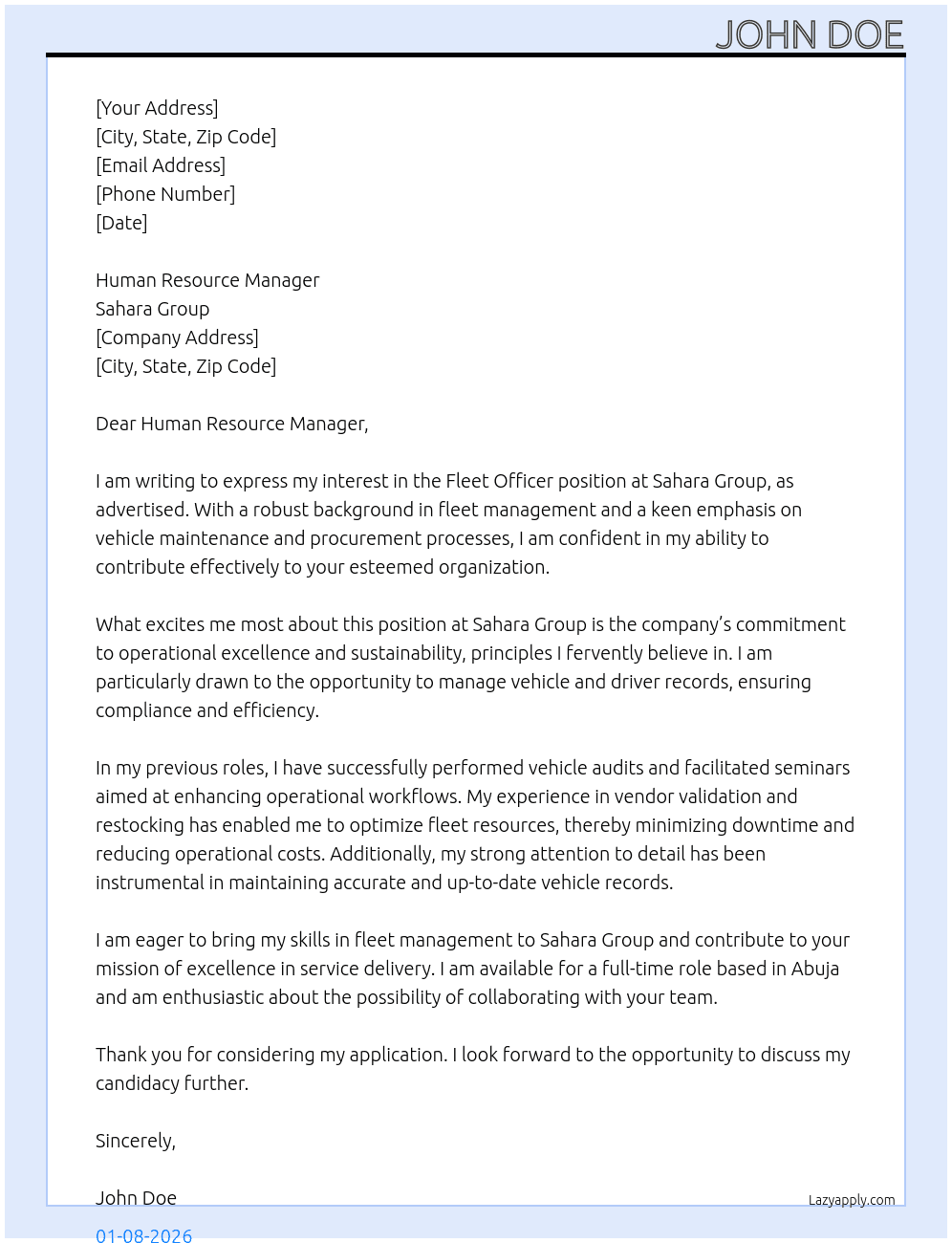 Fleet Officer At Sahara Group Cover Letter